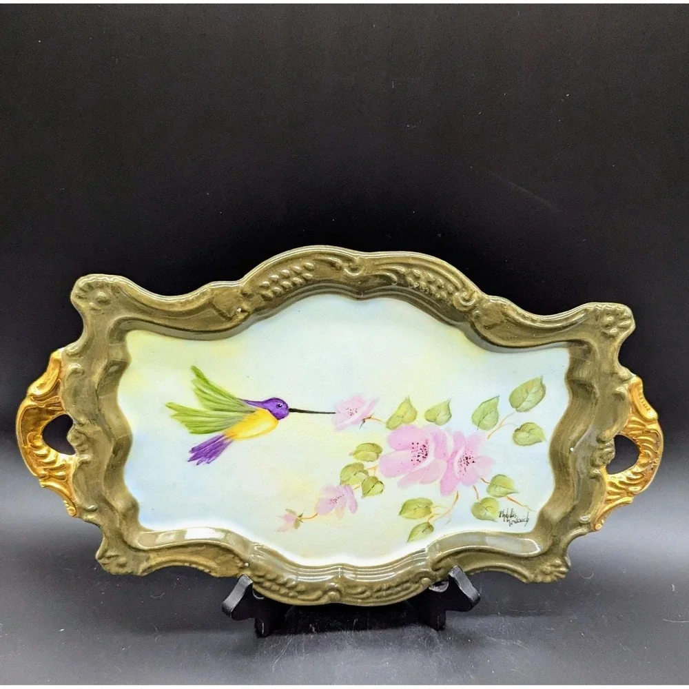 Vintage Hand Painted Porcelain Dresser Vanity Tray Hummingbird Flower‎ 12.5